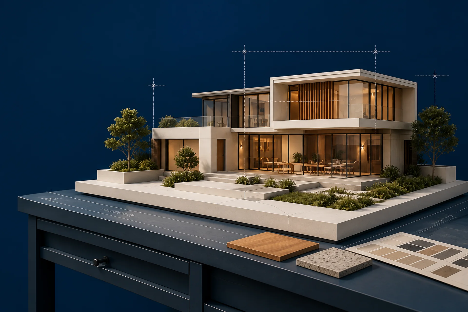 Maqueta demostrativa de una vivienda contemporánea sobre una mesa de revisión arquitectónica